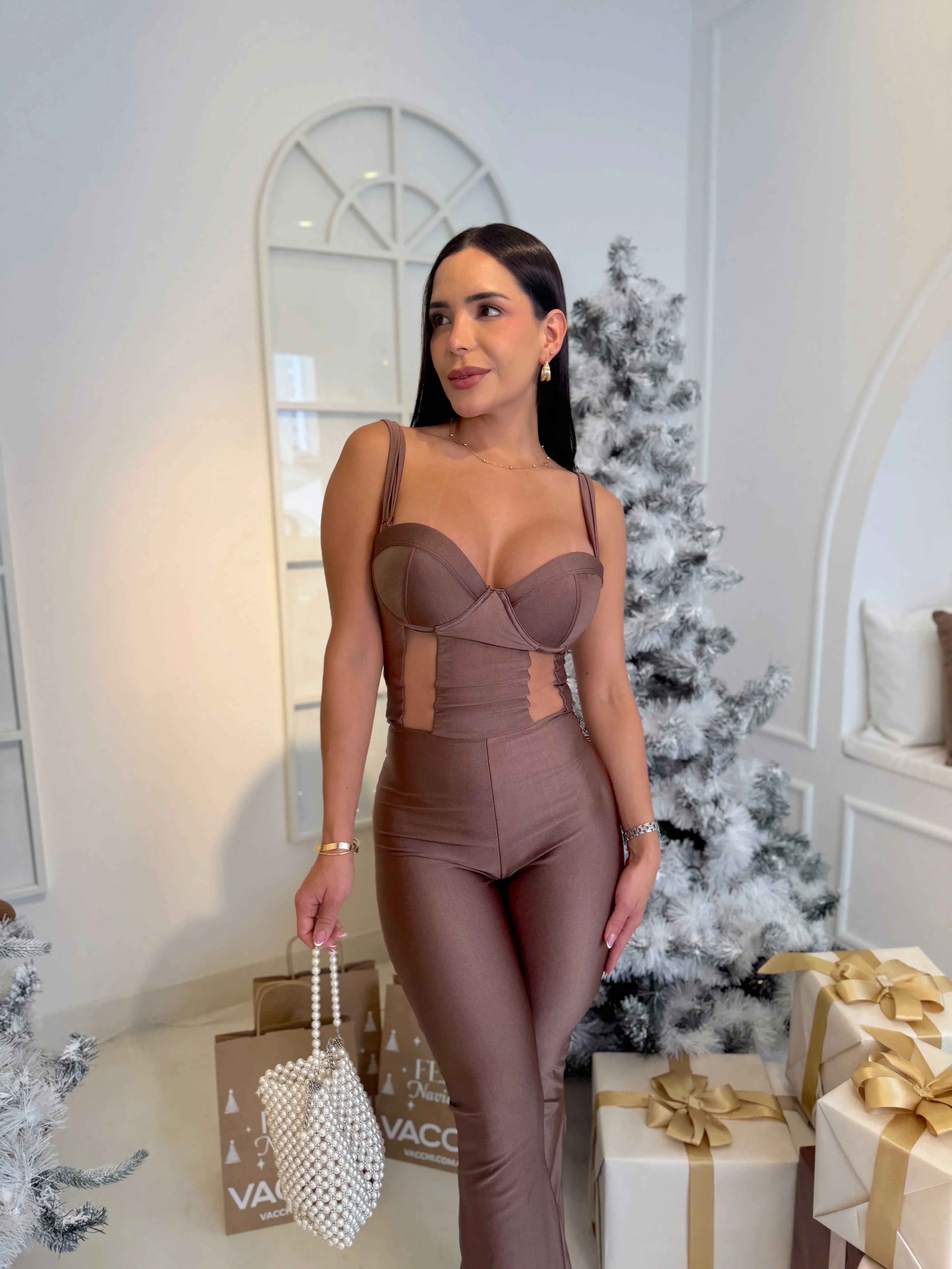 Enterizo straple copas tiras pant café - Vacchi